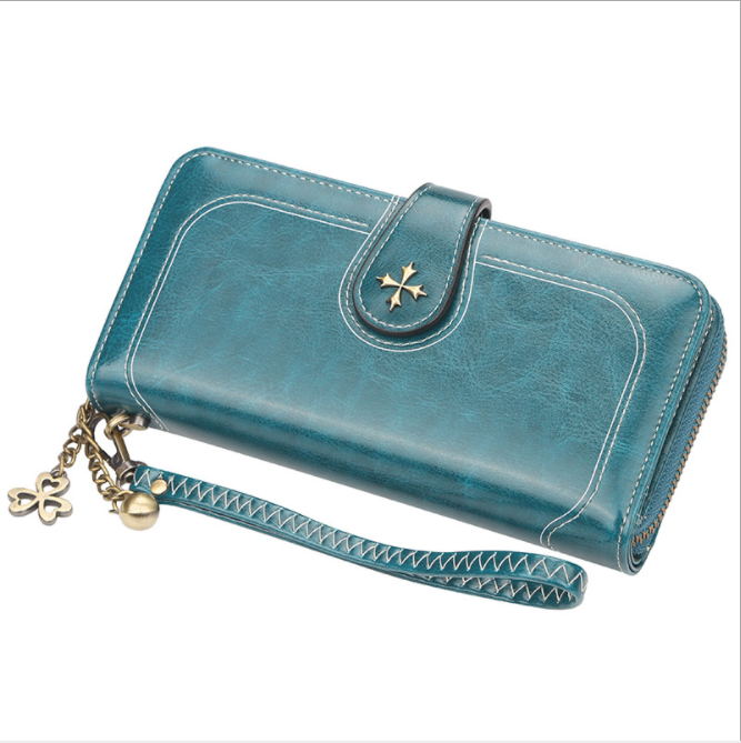 JOYHO Grote Capaciteit Vrouwen Clutch Split Leer Vrouwelijke Lange Portemonnee Vrouwen Rits Portemonnee Bloem Hardware Strap Hollow Out: Peacock Blue