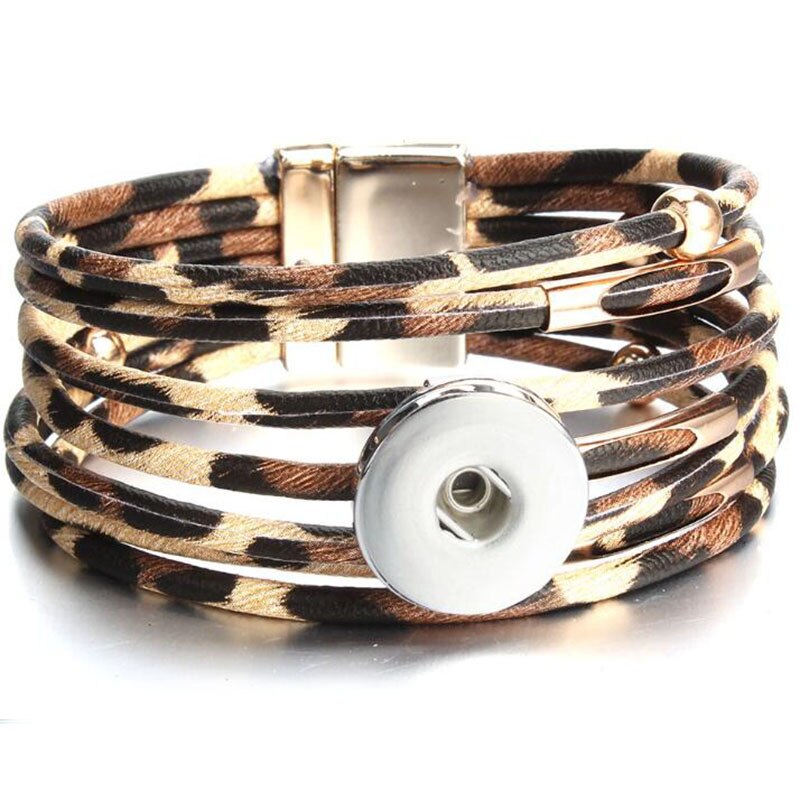Snap fastener jewelry, 18mm snap fastener bracelets, punk multilayer leather leopard print, magnetic buckle bracelet, bracelet snaps jewelry: 3