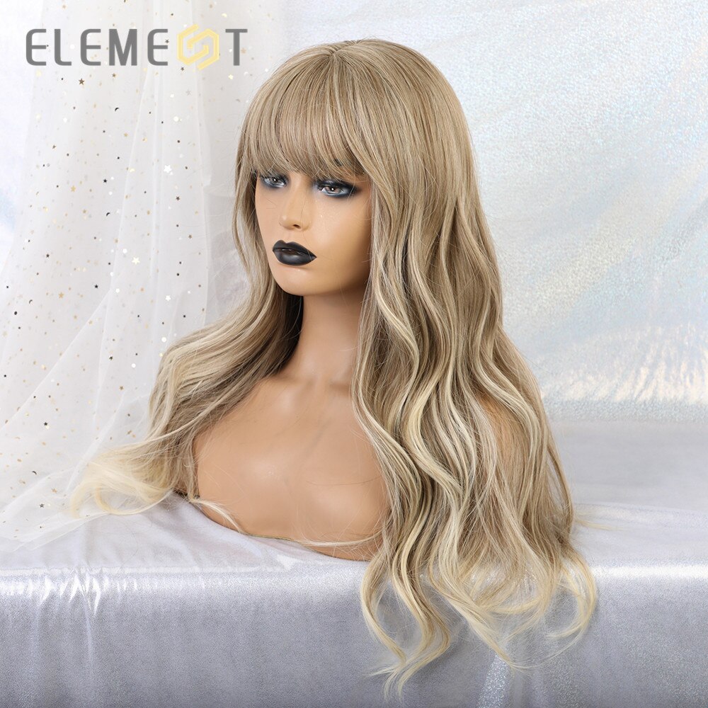 Peluca rubia larga de color marrón con ondas naturales sintéticas y flequillo para fiestas o uso diario