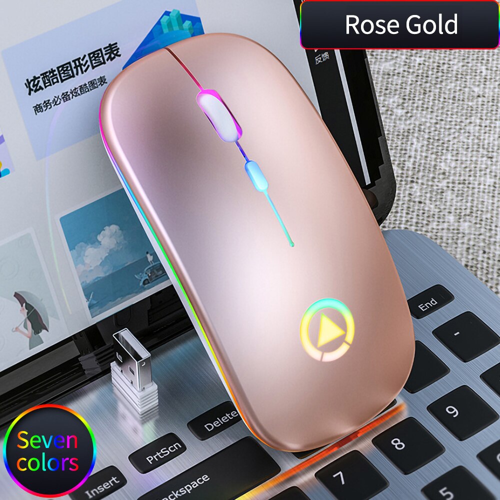 Ratón inalámbrico ultradelgado con luces LED de colores, ratón óptico ergonómico para juegos, recargable, silencioso, USB, para PC y portátil: Rose Gold