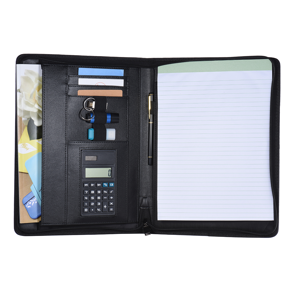 A4 PU Leather Document Folder Organizer Multifunctional Business Portfolio Case Zippered Closure Calculator Card Holder