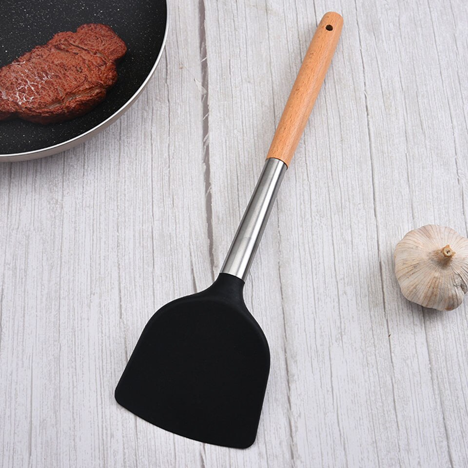 Espátula de silicona Flexible, utensilio de cocina, huevo, galleta, antiadherente, tortitas con mango de madera