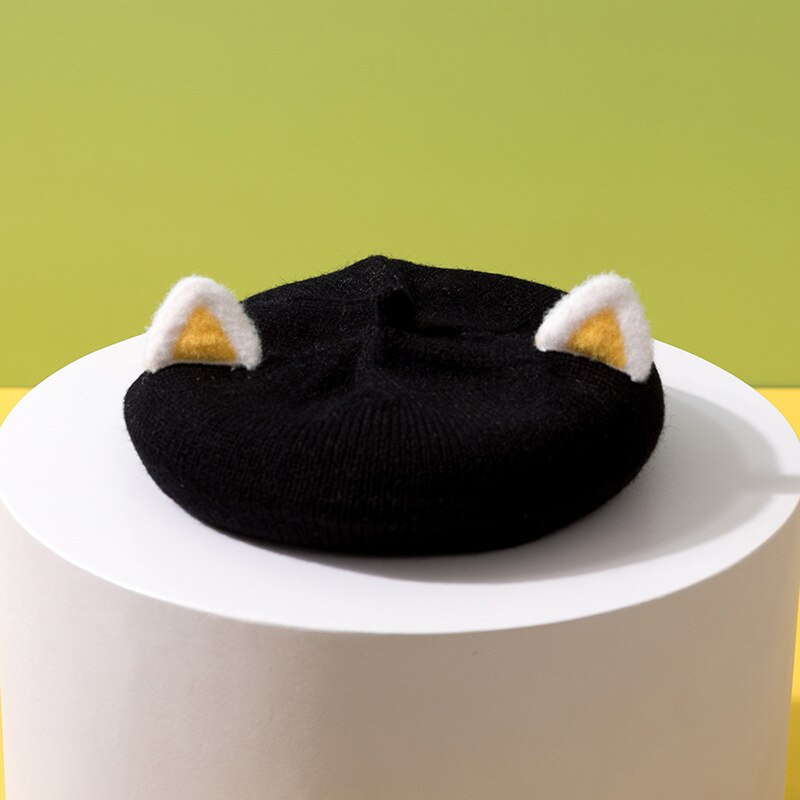 Béret de dessin animé pour enfants, chapeau tricoté avec oreilles de renard, Bonnet pour filles: Black