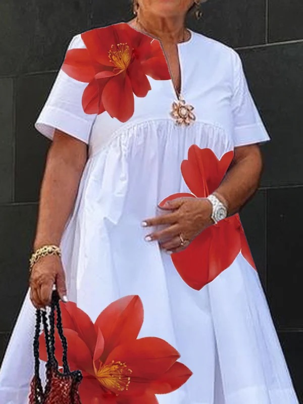 Modigirl Damen-Sommerkleid 2022, V-Ausschnitt, plissiert, kurze Ärmel, weiß, lockerer Blumendruck, lässige Midi--Kleider für Damen