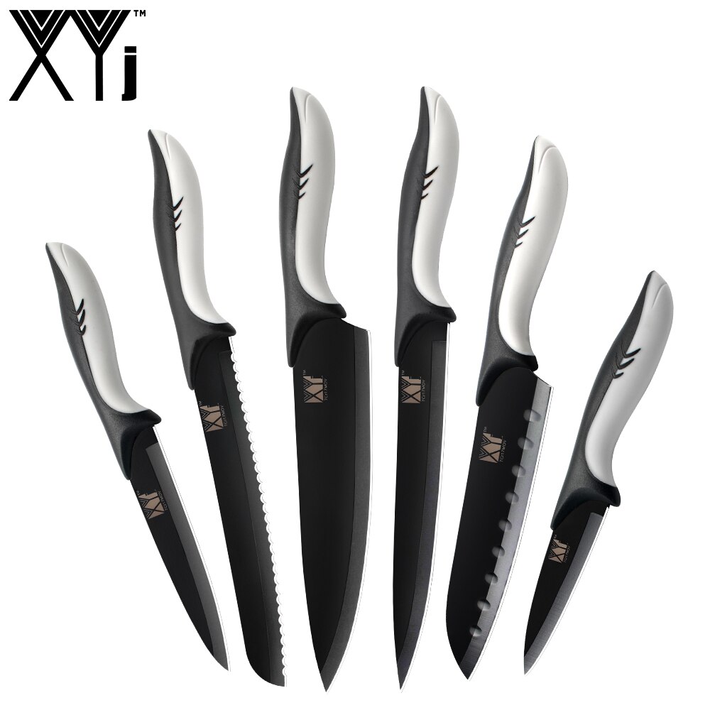 XYj-7 uds. De cuchillos de acero inoxidable para cocina, barra de afilado, rebanador de pan de 8 '', 7'', Santoku 5 '', utilidad, cuchillo de pelar de 3,5'': D.6PCS SET