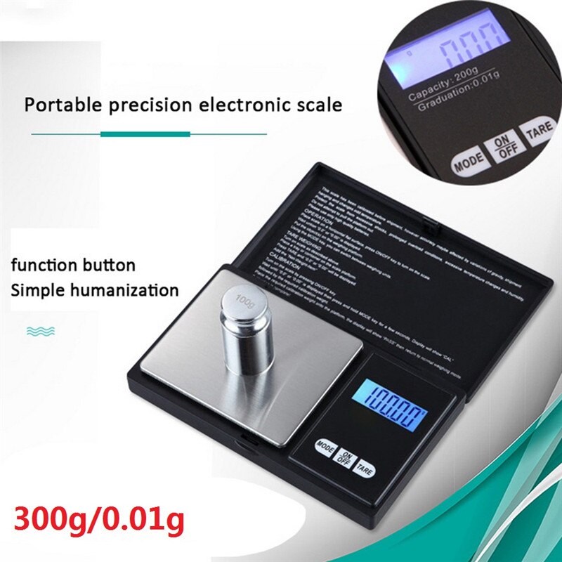 0,01/0,1g de alta precisión Digital de cocina escala de 100g-1000g LCD Mini Balanza de bolsillo de ponderación Gram Escala electrónica de la joyería de oro: 300g-0.01g Black