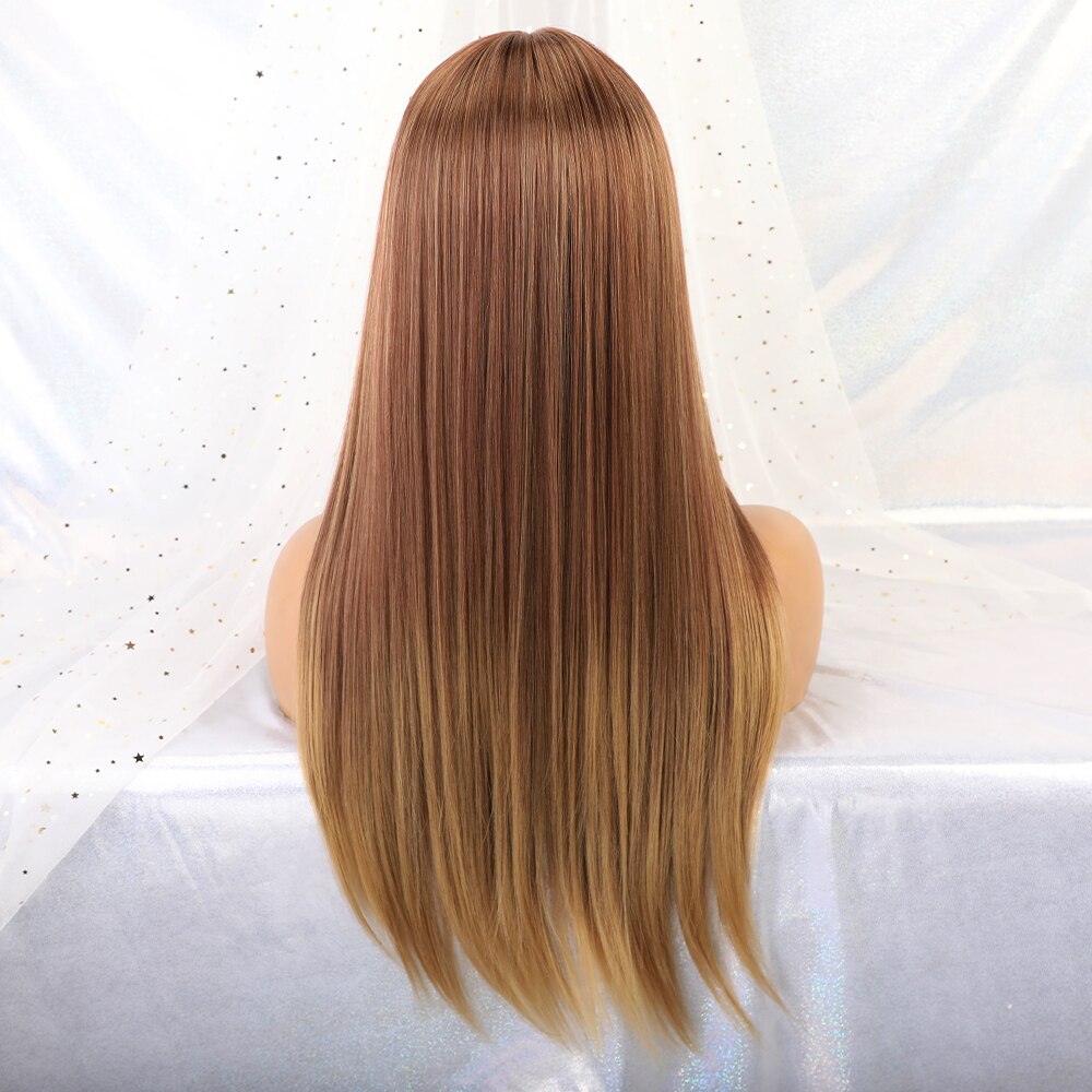 Lange lige kvinder syntetiske parykker med pandehår ombre brun blond naturlig daglig fest hår parykker varmebestandige fiber parykker