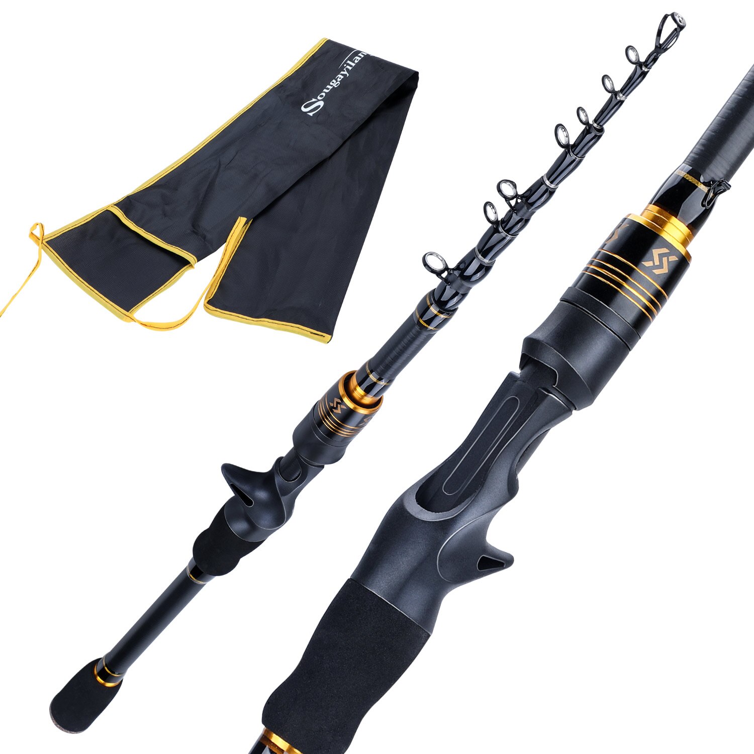 Sougayilang-canne à pêche télescopique Portable ultralégère, en Fiber de carbone, Spinning /Casting, pour voyage, 1.8M, 2.1M: YELLOW / 1.8m rod  -Casting