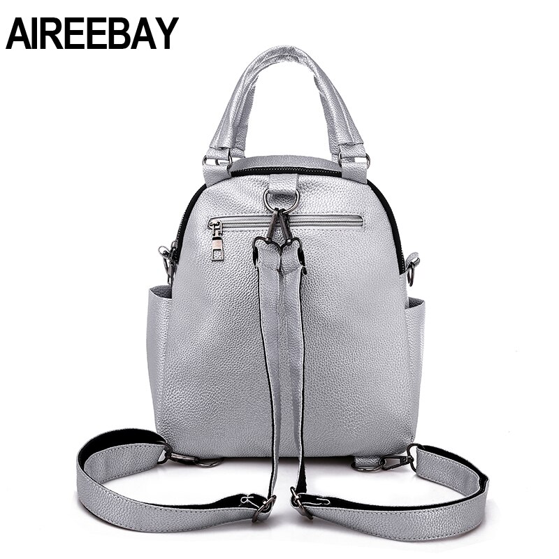 AIREEBAY Frauen Leder Rucksäcke Vintage Weibliche Schulter Tasche Reise Damen Bagpack Silber Schwarz Schule Taschen Für Teenager Mädchen