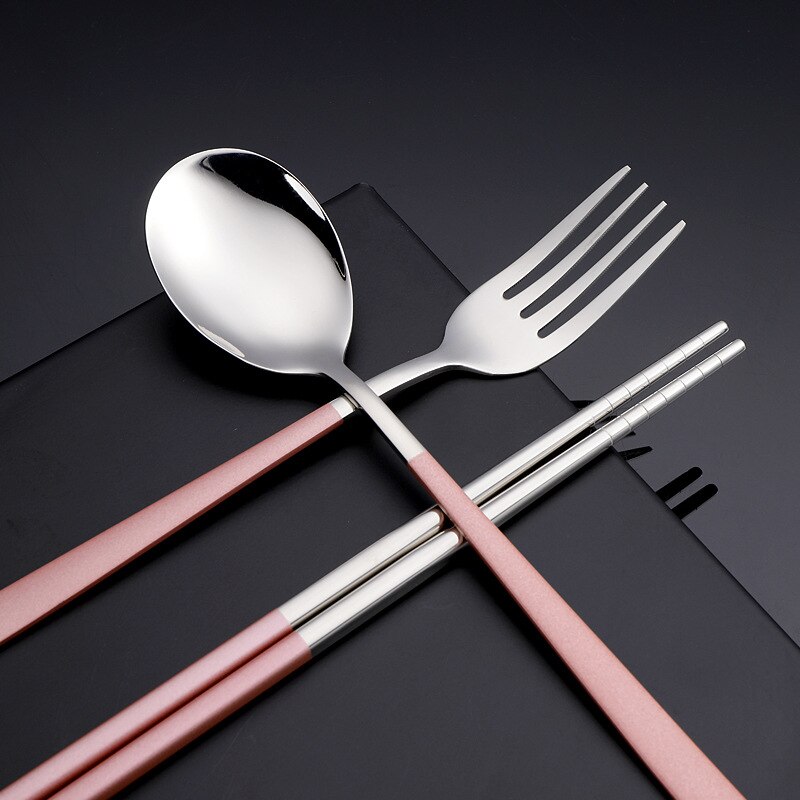 Korean Style 304 Stainless Steel Portable Tableware Set Fork Spoon Chopsticks Three-piece Set Outdoor Travel Tableware Set