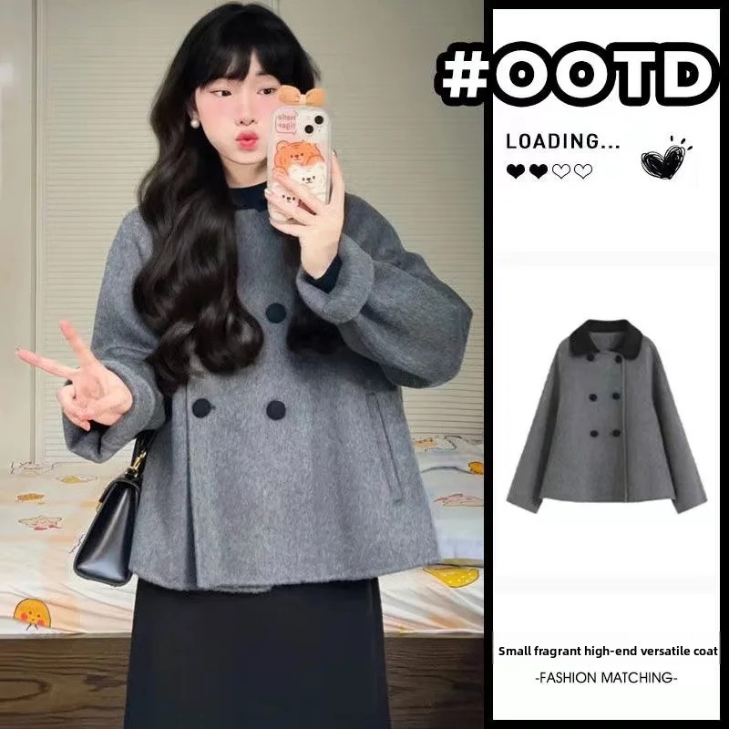 Abrigo corto de lana gris para mujer, prendas de vestir exteriores para otoño e invierno, gama alta, pequeña personalidad, estilo Hepburn, fibra de poliéster, 2025