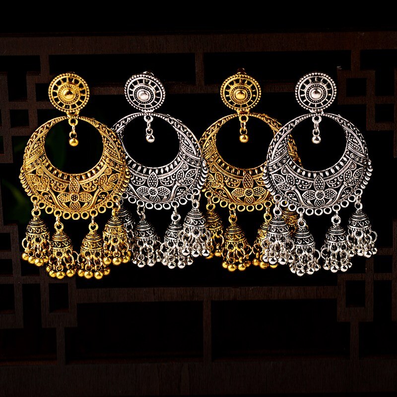 Ethnic Women&#39;s Silver Color Round Flower Hollow Jhumka Stud Earrings Boho Indian Jewelry Egypt Carved Tassel Earrings Femme