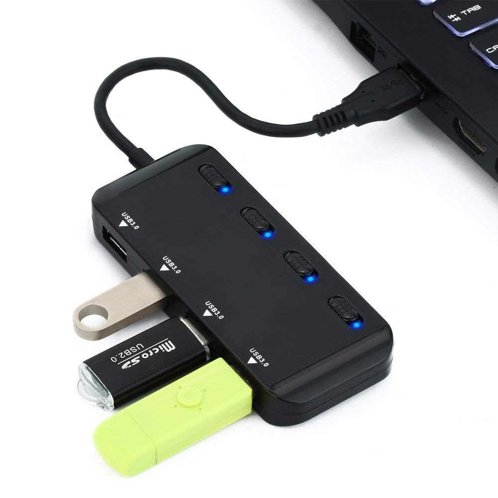Ultra Slim 4-Port Usb 3.0 Data Hub Splitter Met Individuele Op/Off Led Power Schakelaars Compatibel Met windows, mac, Linux Os