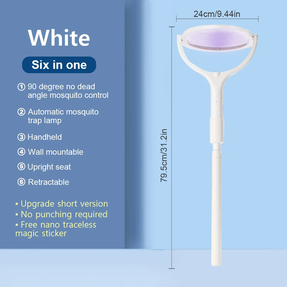 6in1 Muggen Killer Lamp Multicunctionele Hoek Verstelbare Bug Zapper Elektrische USB Oplaadbare Mosquito Fly Bat Swatter: WHITE