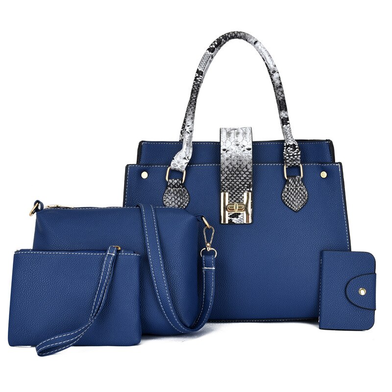 4PCS Women's Bag 4 pcs Set PU Leather Ladies Handbag Serpentine Messenger Shoulder Bag Wallet Bags Famous brand: Blauw