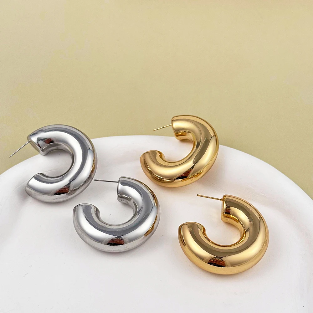 Nuevos pendientes de aro Retro de acero inoxidable con forma de C grueso, chapado en oro brillante, círculo PVD, tubo redondo, aros Huggie, joyería para oreja apilada