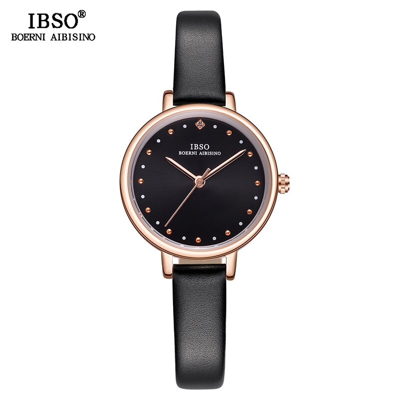 IBSO Brand Luxury Ladies Quartz Watch Leather Strap Montre Femme Women Wrist Watches Relogio Feminino Female Clock: Black