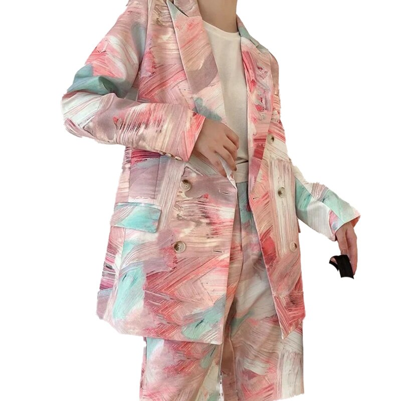 OneBling 2 Piece Set Women Double Breasted Blazer And Short Pant Outfits Graffiti Print High Waist Shorts Outfits