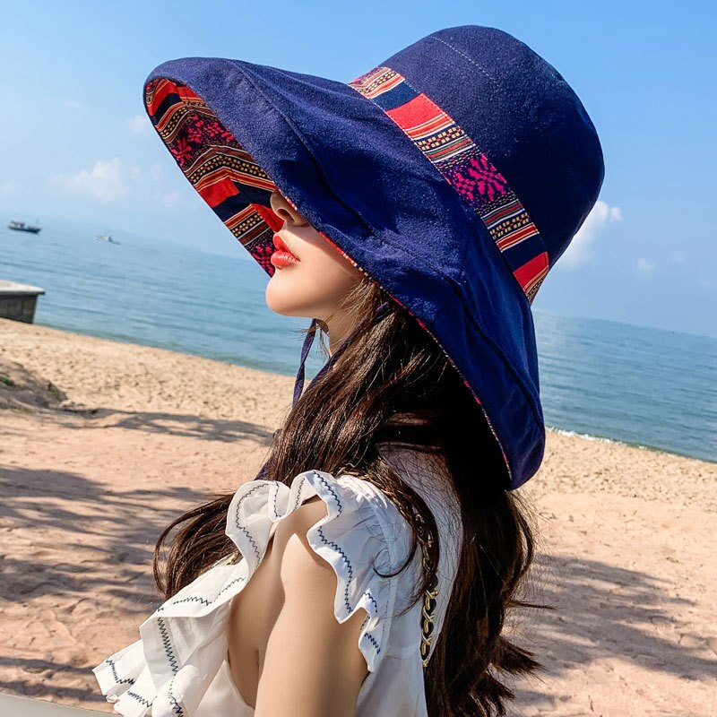 Seaside Sun Visor Hat Female Summer Sun Hats For Women large Brimmed Sun Hat Folding Beach Girls Caps: navy