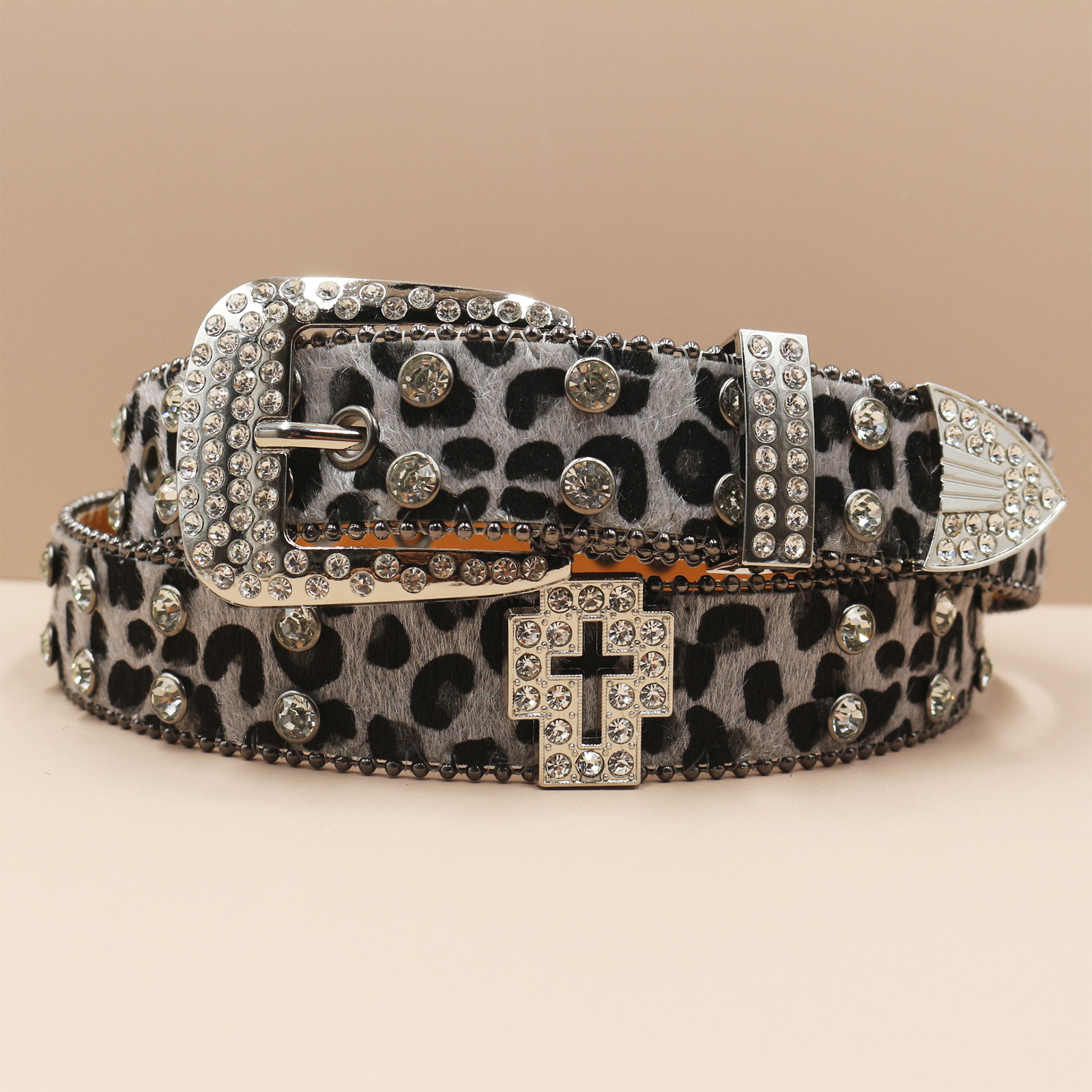Cinturones con estampado de leopardo de 3,3 cm, cinturón vaquero con diamantes de imitación para mujer, cinturón vaquero occidental con de tachuelas brillantes, cinturones de cuero estilo Punk Rock Y2K: Gris / 125 cm