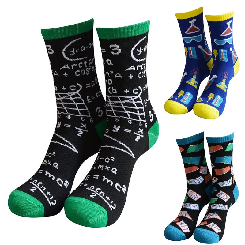 Men Women Novelty Funny Saying Cotton Crew Socks Colorful Books Science Math Pattern Letters Print Contrast Color Hosiery