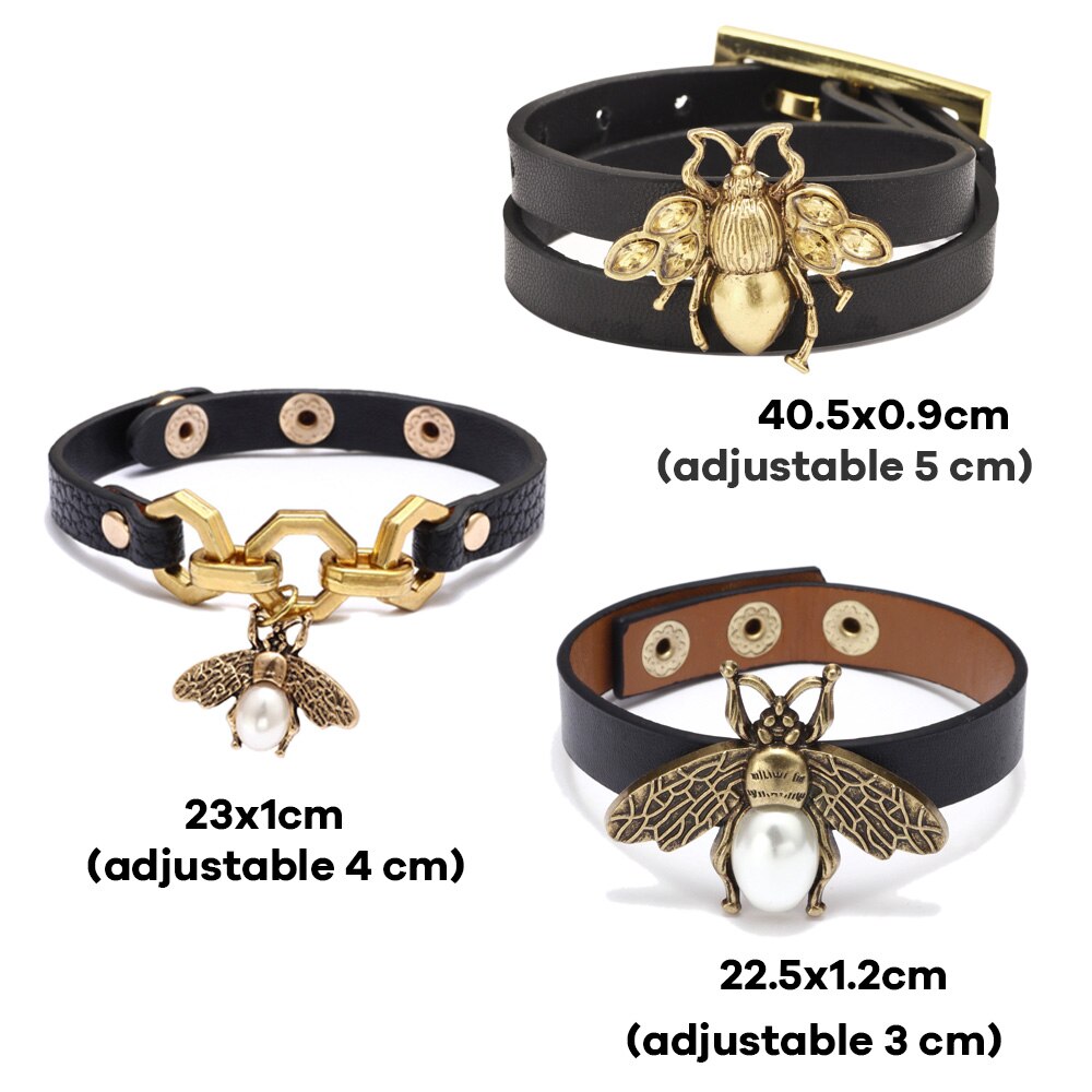 Kirykle Cute bee women bracelet Adjustable leather bracelet Charm Gold Alloy set zircon bee bracelet Femme Party Jewelry