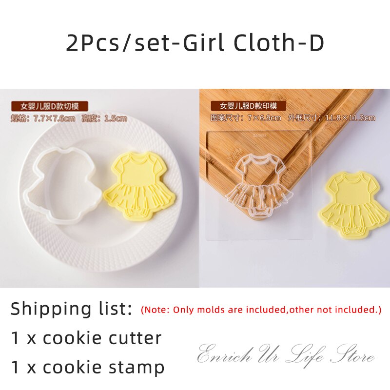 2Pcs Baby Clothes Embossed Cookie Mold Kids Birthday Cake Decorating Tools Fondant Biscuit Cutter Boy Girl Party Dessert Mold: GirlCloth-D