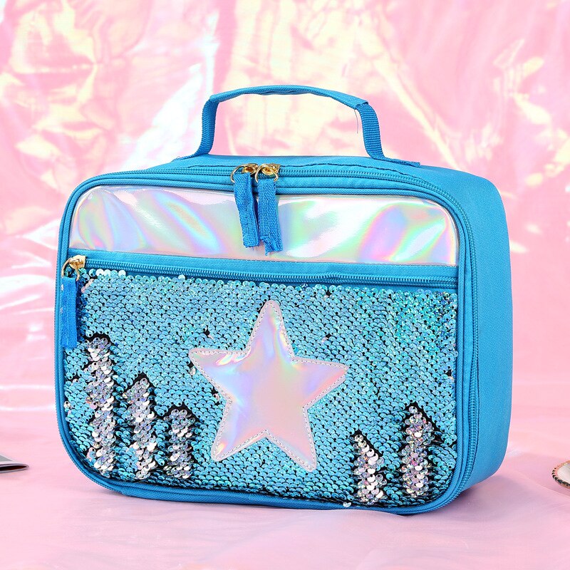 Pailletten Tragbare Zipper Isolierte Lunch Box Kinder Glitter Tote Tasche Gedruckt Polyester Mädchen Essen Picknick Taschen für Kinder Handtasche: Blue