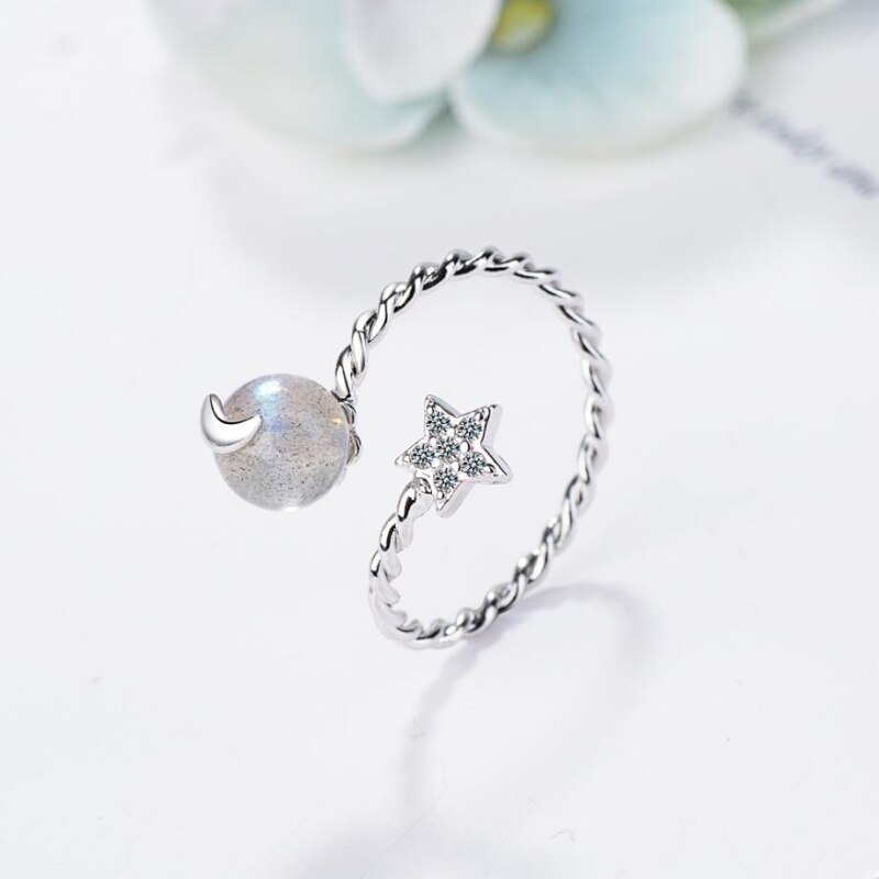 Estrella de la piedra lunar con apertura de corazón de fresa fresca, Plata de Ley 925, personalidad femenina, apertura de tamaño variable, anillos SRI209