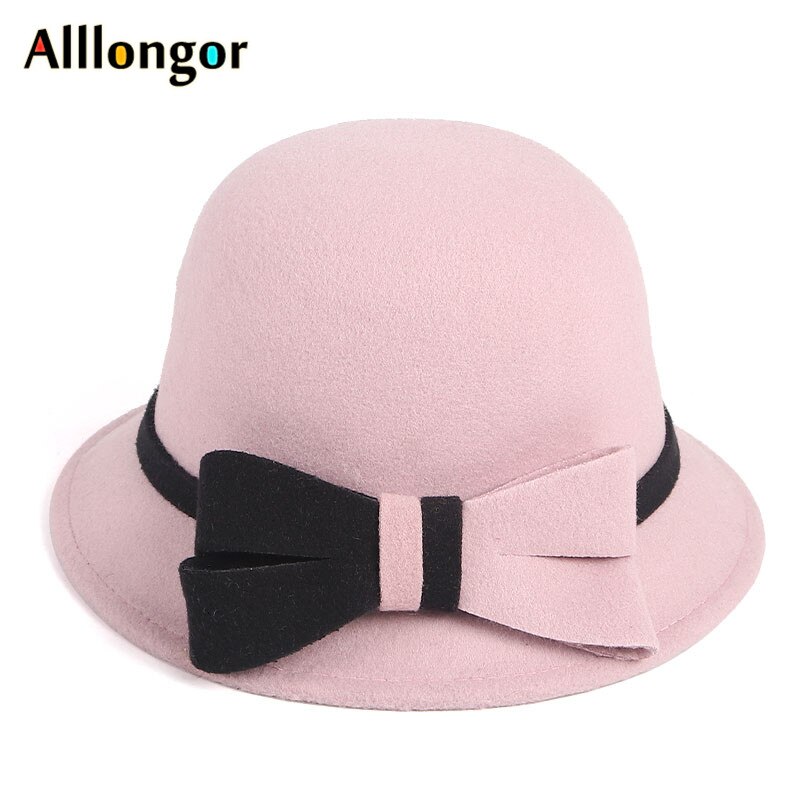 Wool Fedora Hat Women Winter Vintage Felt Hats ladies Bowknot Bucket Cap Black White dome Top Church bowler Hat: Pink