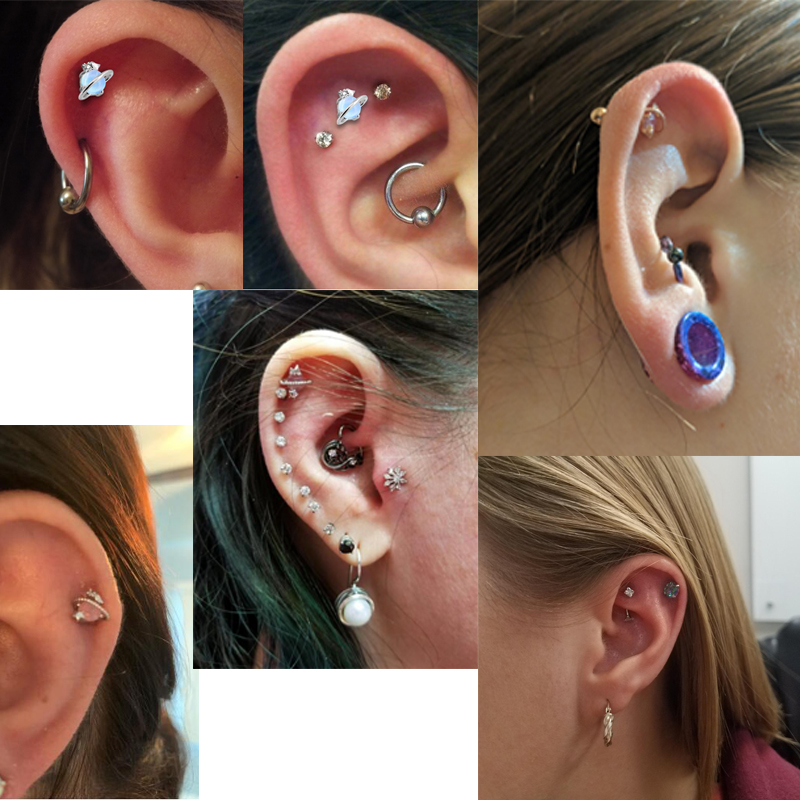 Cuerpo Punk oreja cartílago pendientes Bar 16G Acero quirúrgico CZ aire azul ópalo piedra Saturn helicoidal trago pendientes Piercing mujeres