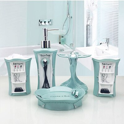 European-style Makeup Bathroom Toiletries Five-piece Kit Resin Bathroom Accessories Washing Set Wedding Decoration: blue