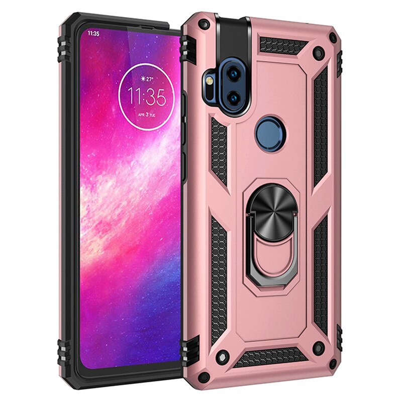 For Motorola one hyper Case Luxury Car Holder Magnetic Ring Phone Case for Moto One Hyper Silicone Matte Cover: Rose gold