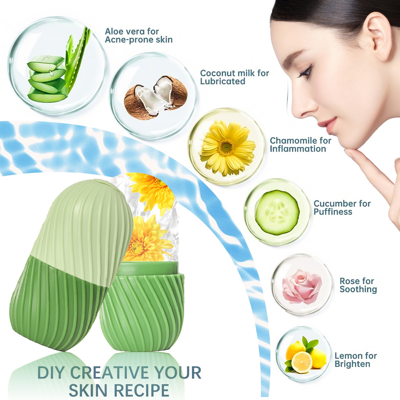 Rodillo Facial de hielo, cubo de hielo, masaje de belleza, molde de hielo de silicona para hinchazón de ojos, rodillo Facial de hielo, reduce los poros