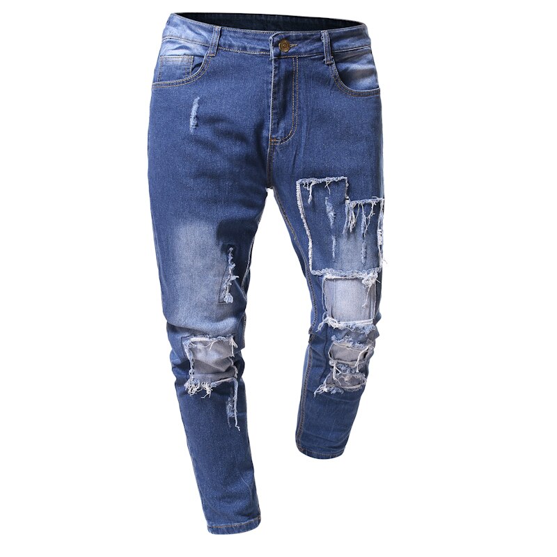 European size men's ripped slim patch jeans men's casual pants