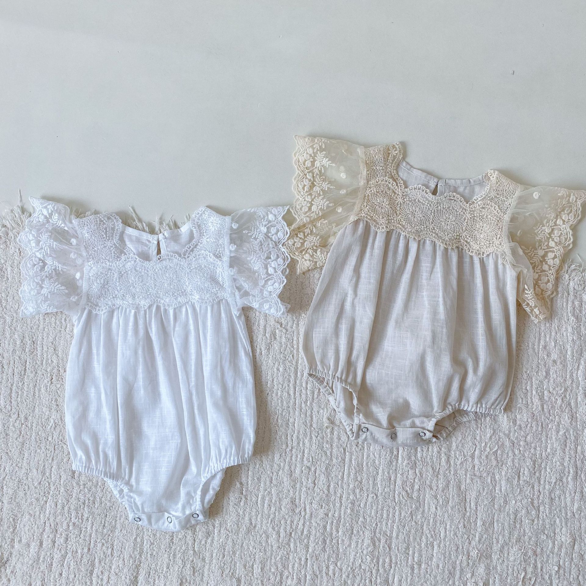 Sweet Newborn Baby Girl Lace Hollow Out Flying Sleeves Jumpsuit Thin Cotton Girls Bodysuit One Piece Infant Outfits