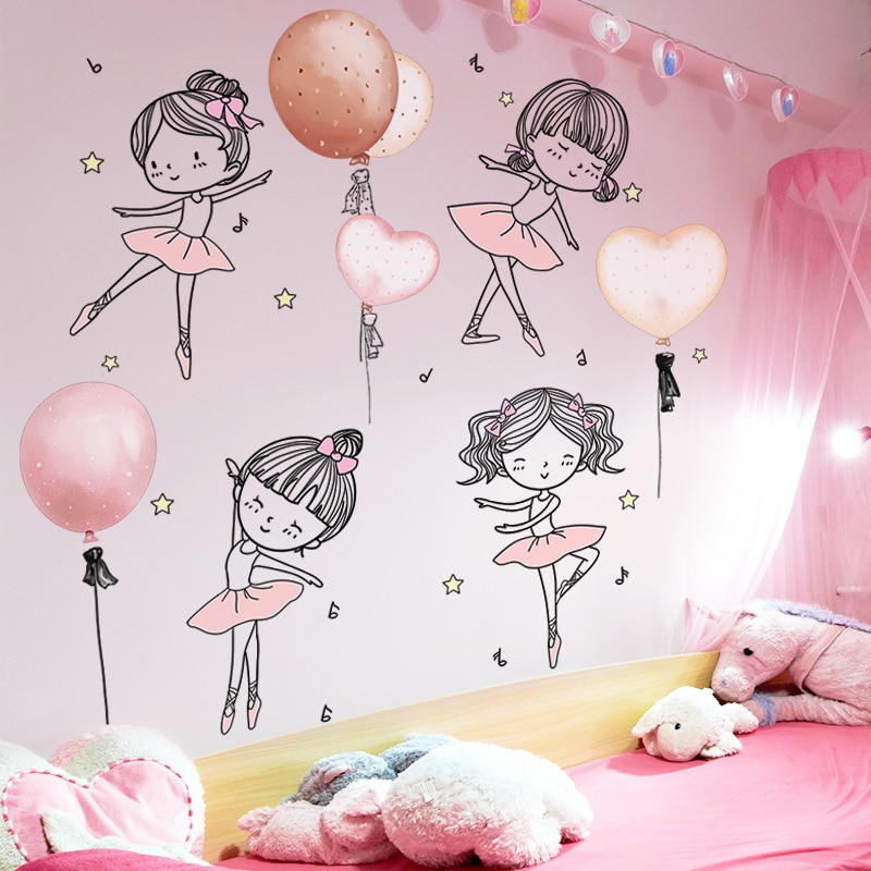 [Shijuekongjian] Balletdanser Muurstickers Diy Cartoon Meisje Ballonnen Muurstickers Voor Kinderkamer Baby Slaapkamer Huis Decoratie