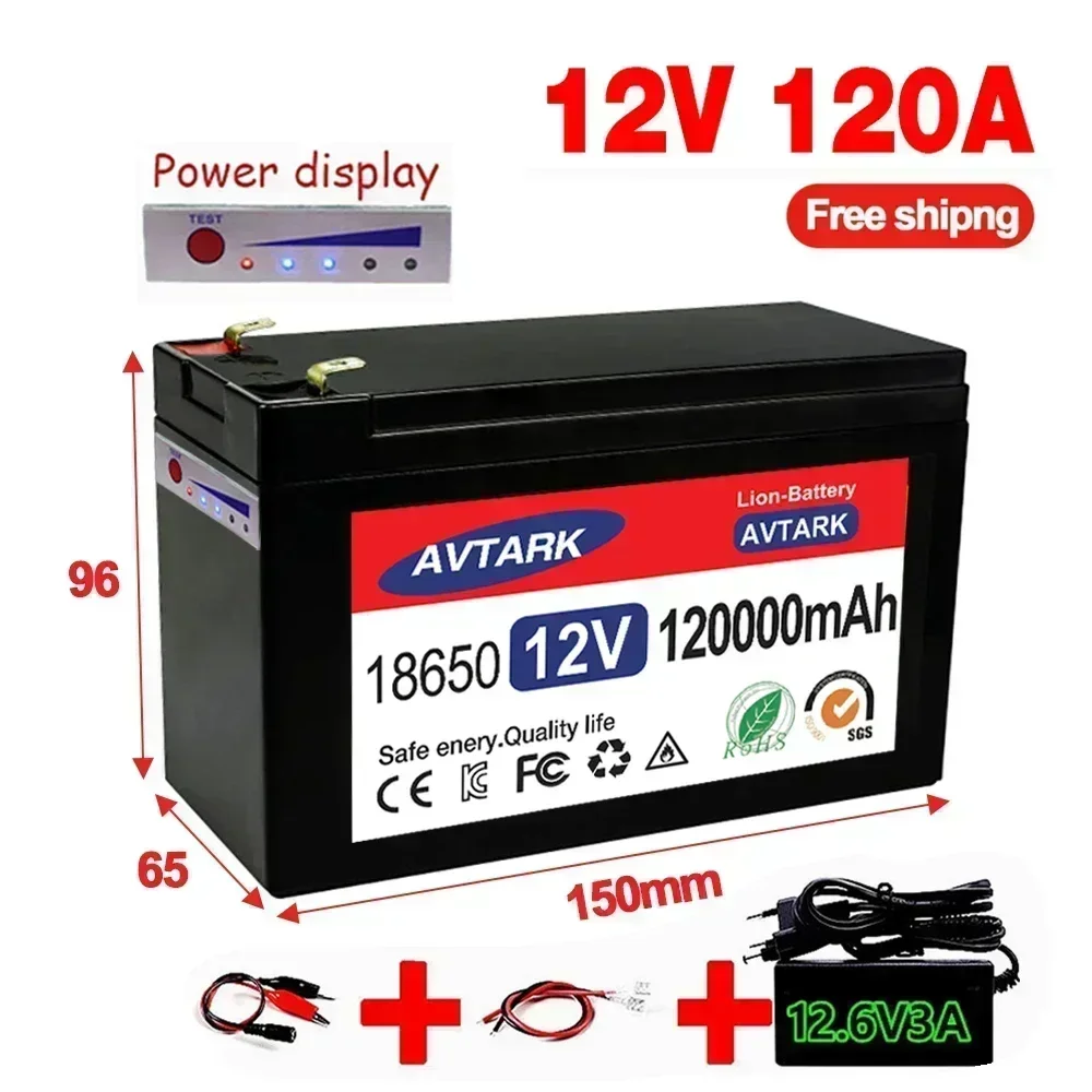 SU 12V 120Ah 120000 mAh 18650 Lithiumbatterie für Solarenergie, eingebaute Hochstrom-30-A-BMS-Batterie für Elektrofahrzeuge + 12,6-V-verkohlen
