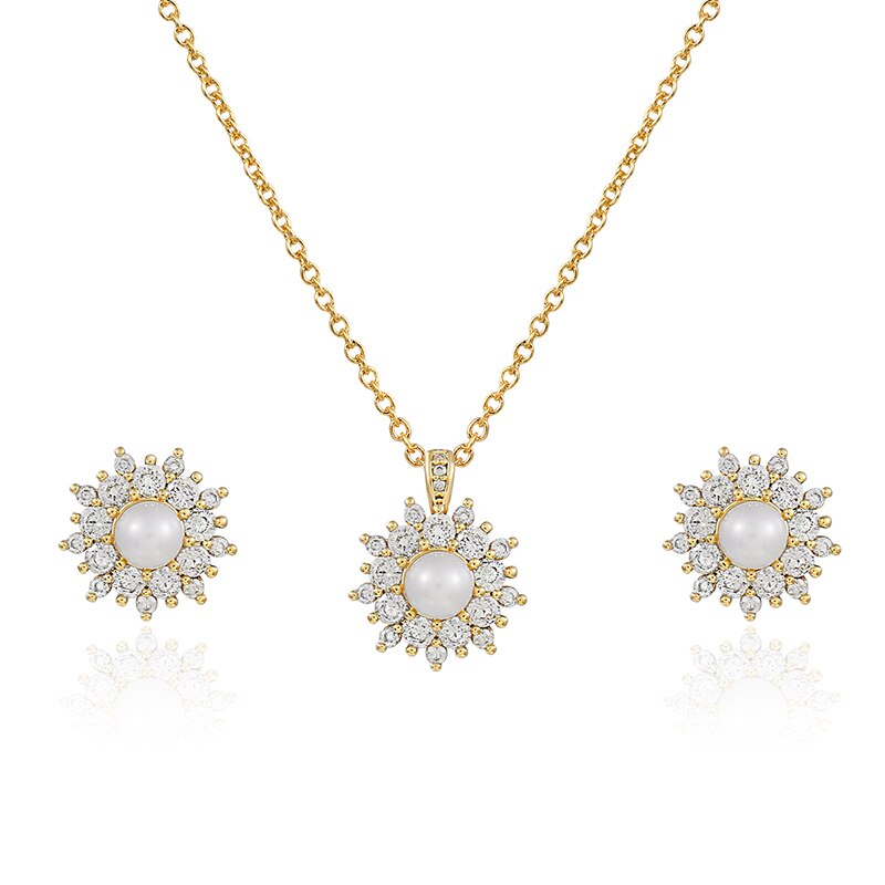 Weimanjingdian Exquisite Zirconia En Shell Parel Bloem Ketting Oorbel Bruids Sieraden Set: 14K Gold