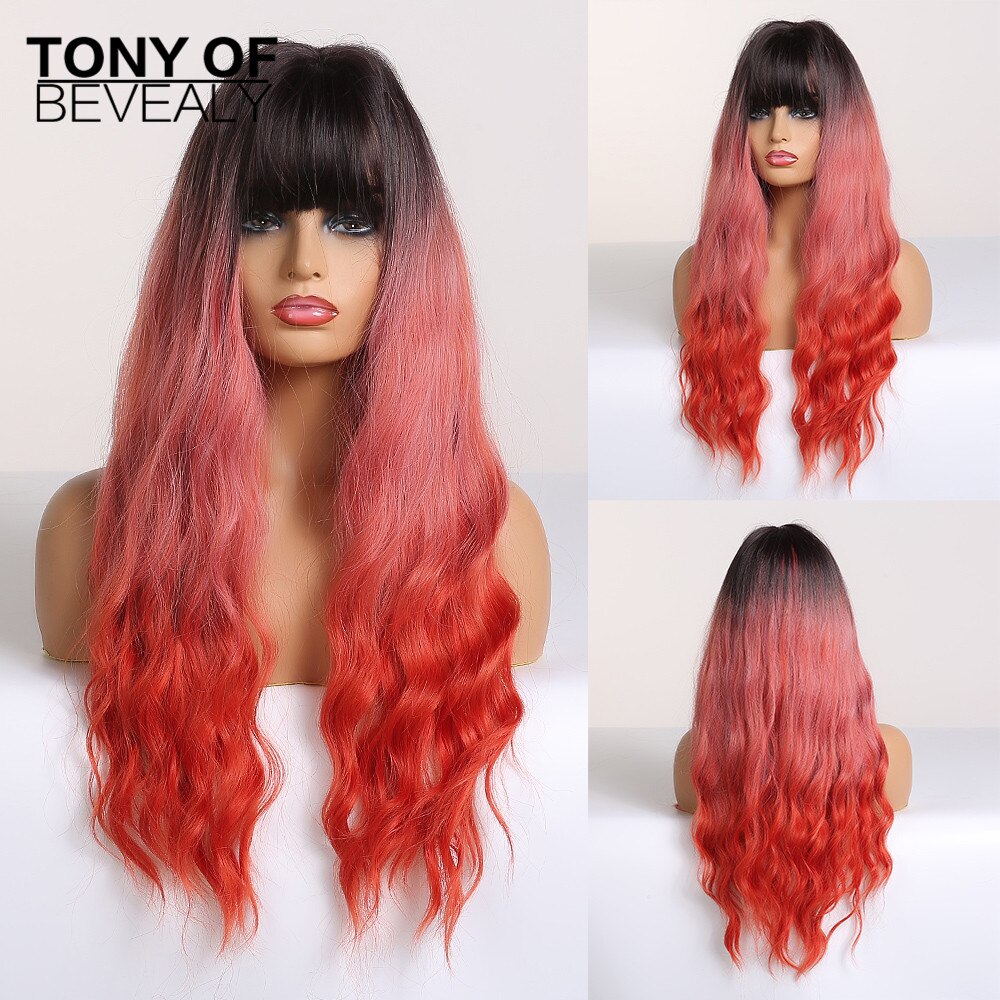 Long Wavy Dark Brown Natural Hair Wigs With Bangs Heat Resistant Synthetic Wigs for Afro Women Daily Cosplay Natural Wigs: lc202-1