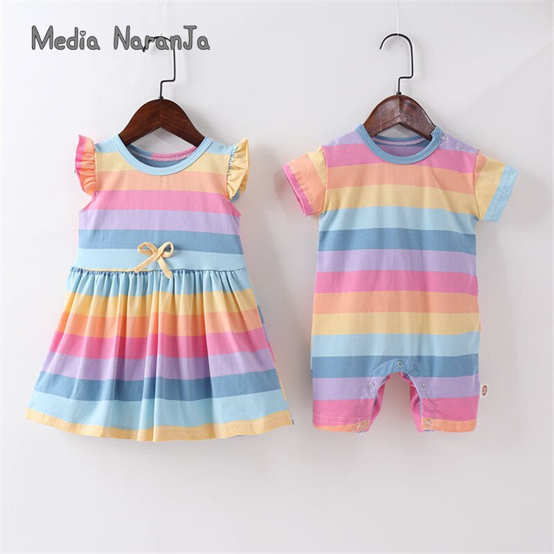 Baby Meisjes Jongens Zomer Cloting Baby Peuter Regenboog Gestreepte Wing Dressromper Kinderen Zus Broer Kleding