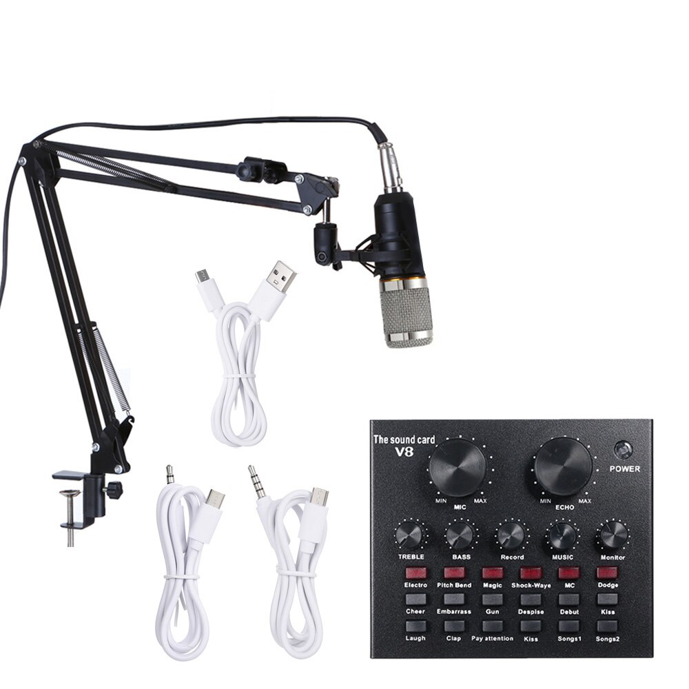 Multifunktionelt live lydkort og  bm800 suspension mikrofonsæt, der sender optagekondensatormikrofonsæt: Sølv