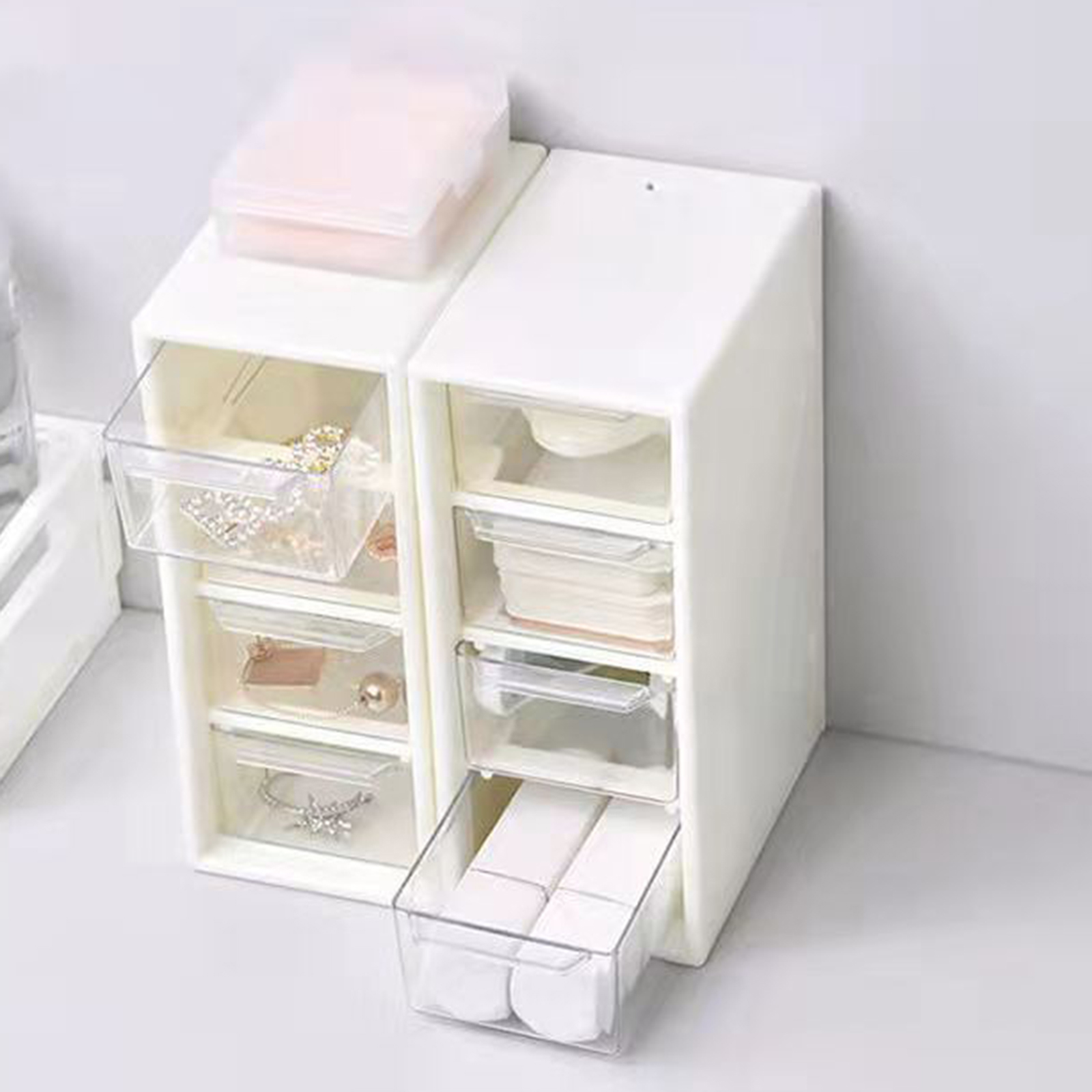 Organizador de escritorio blanco para niñas, caja de almacenamiento de 4 cajones, cosméticos, joyas, pinzas para el pelo, cuentas, maquillaje