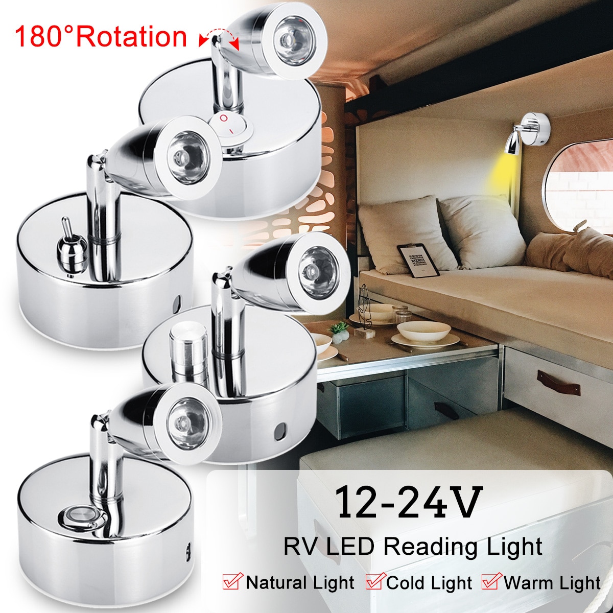 12-24V 180 Rotation LED Spot Reading Light Home Interior Spotlight Switch For RV Caravan Boat Truck Desk Bedside Lamp