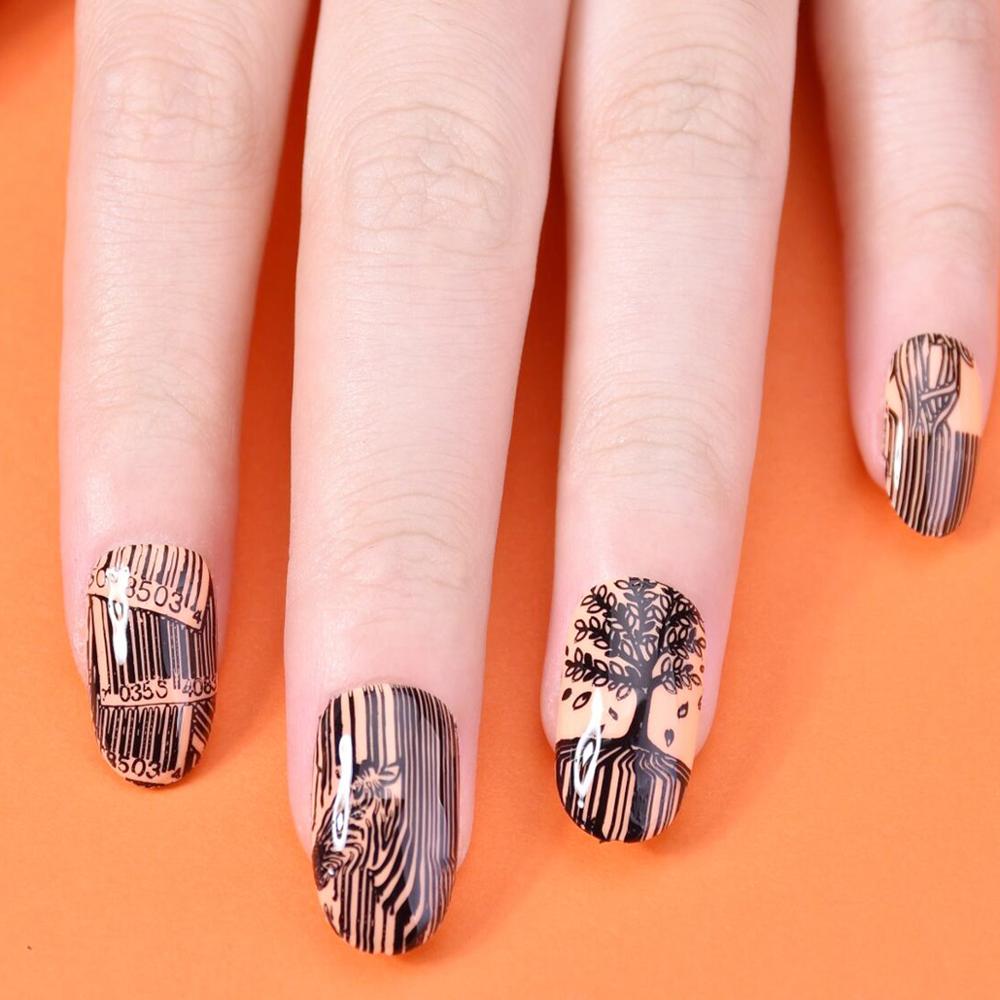 Plantillas para estampación de uñas BeautyBigBang, plantillas para estampado a rayas con código de barras, plantillas para imágenes de árbol de cebra, plantilla rectangular para estampación de uñas BBB 033