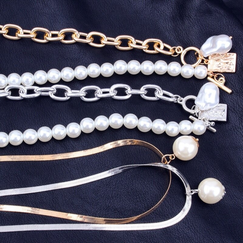 Women punk 2 Layers Pearls Pendants Necklaces Metal Snake Chain Necklace Jewelry