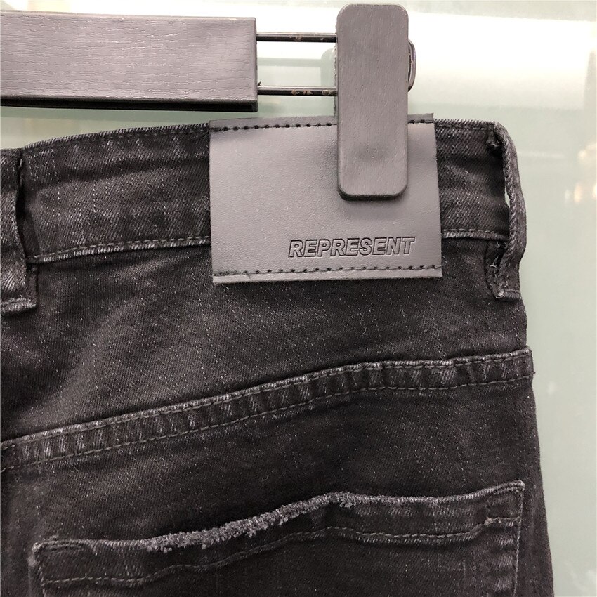 Repræsentere high street jeans mænd kvinder slidte patch stil repræsentere bukser 1:1 version jeans slim stretch pencil bukser