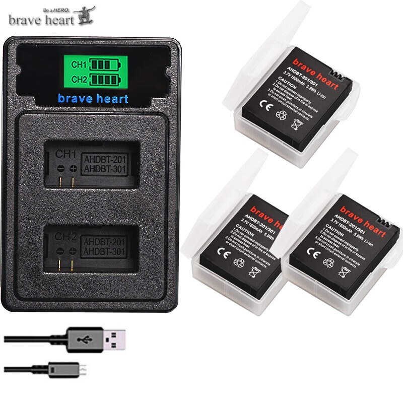 Høj kapacitet bateria hero 3 gopro hero 3 batteri + type-c usb-oplader + batterikasse til gopro go pro hero 3 3+  kamera tilbehør: Oplader og 3 batterier