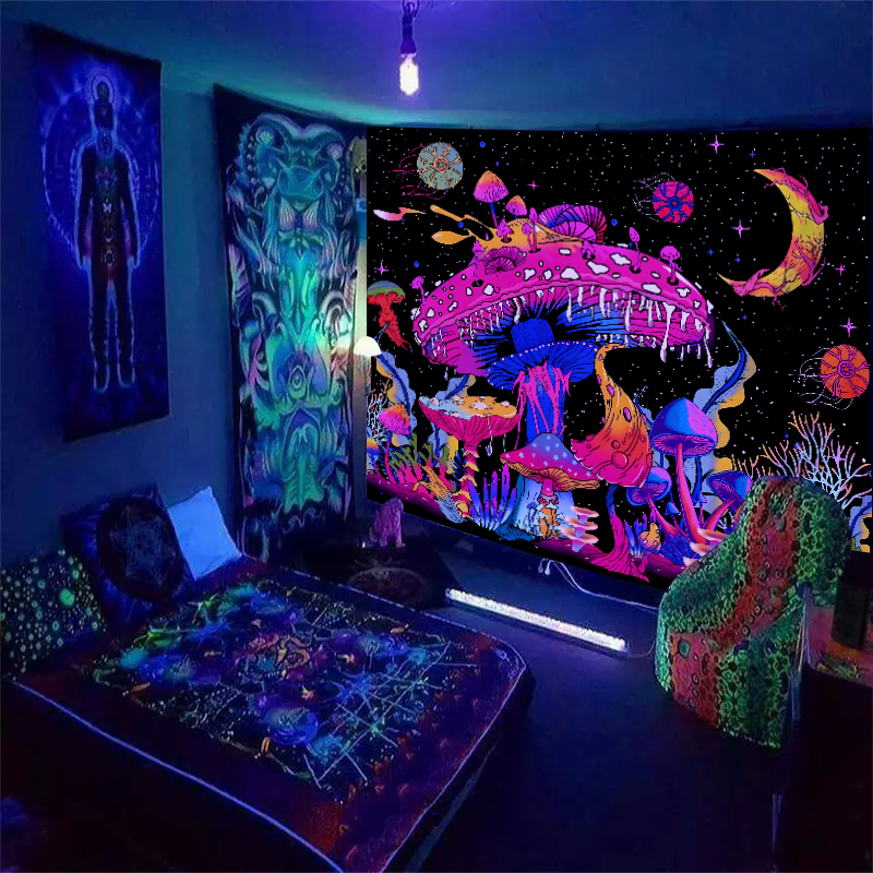 1 tapiz de setas de colores fluorescentes, luz negra ultravioleta, planta natural, bosque, Luna, flor, misterioso tapiz de cielo nocturno