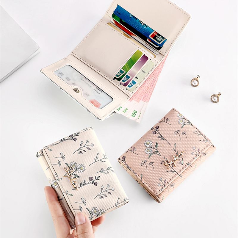 Women Wallets PU Leather Female Coin Purse Flower Printed Multi-Cards Holder Lady Short Slim Wallet Zipper Hasp